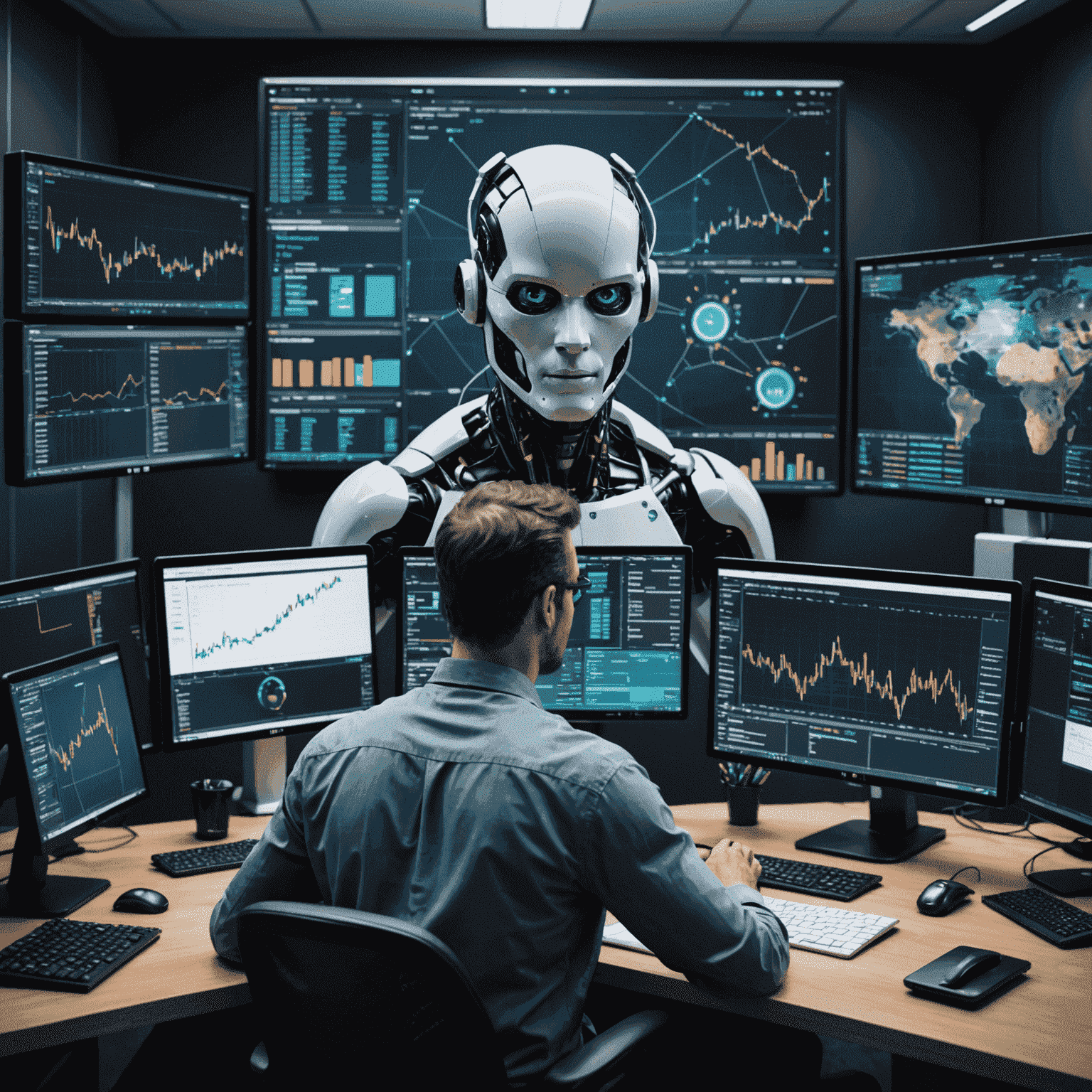 An illustration showing a human trader working alongside AI tools, with both contributing to a central decision-making process, emphasizing the collaborative nature of AI integration in trading.